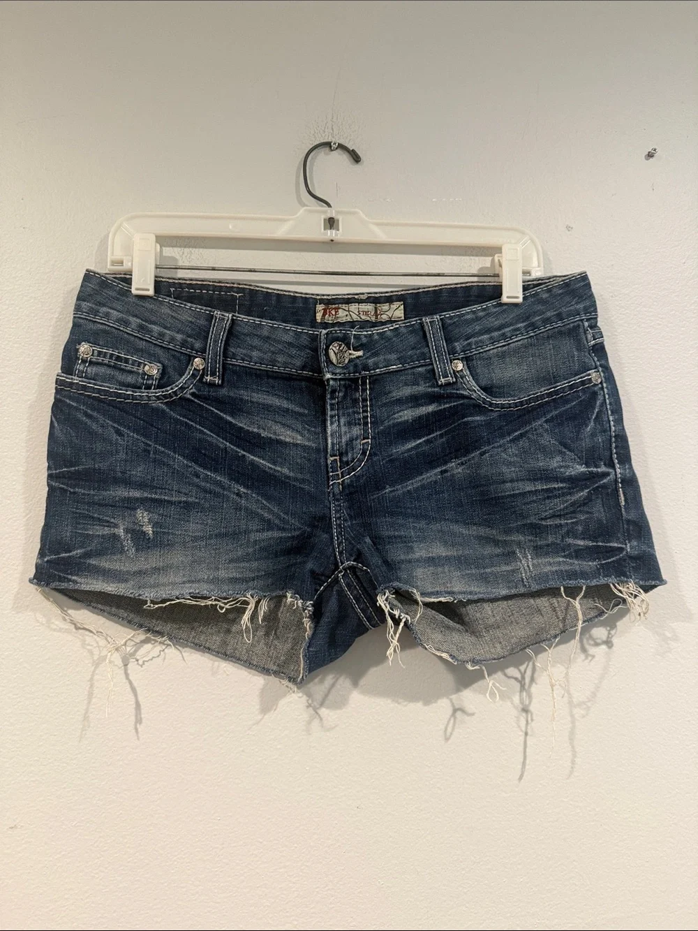 BKE Women's Dark Blue Distressed Frayed Hem Jean Shorts